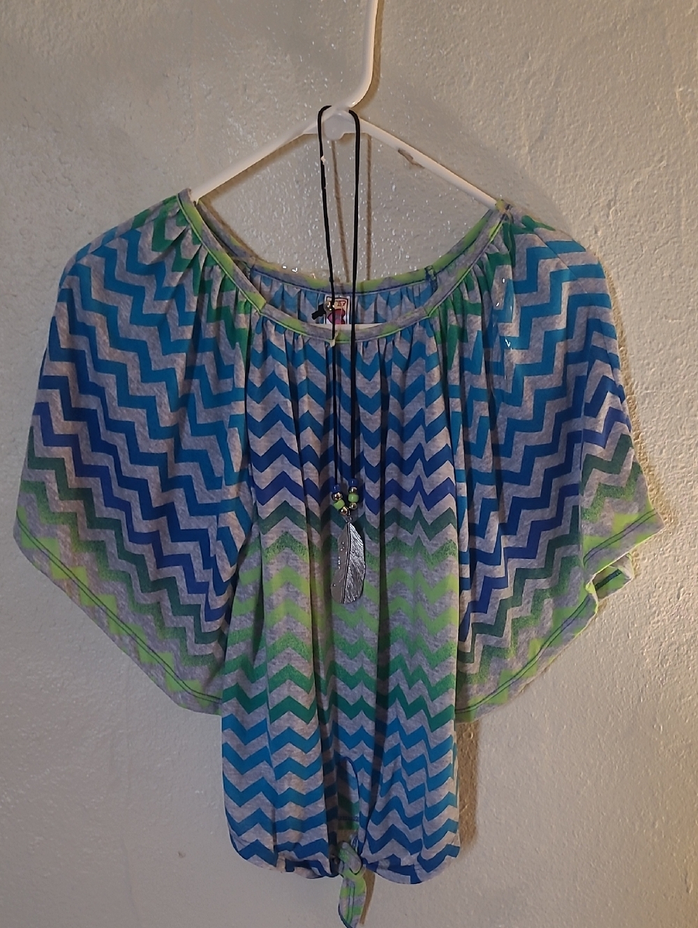 Knitworks Blue and Green Chevron Gathered Neck Blouse